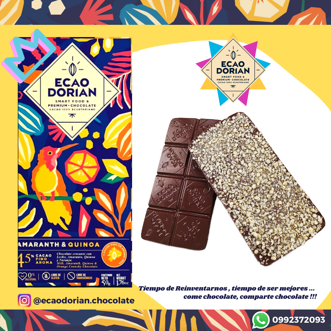 CHOCOLATE PREMIUM 45 % CON LECHE, AMARANTO Y QUINUA.